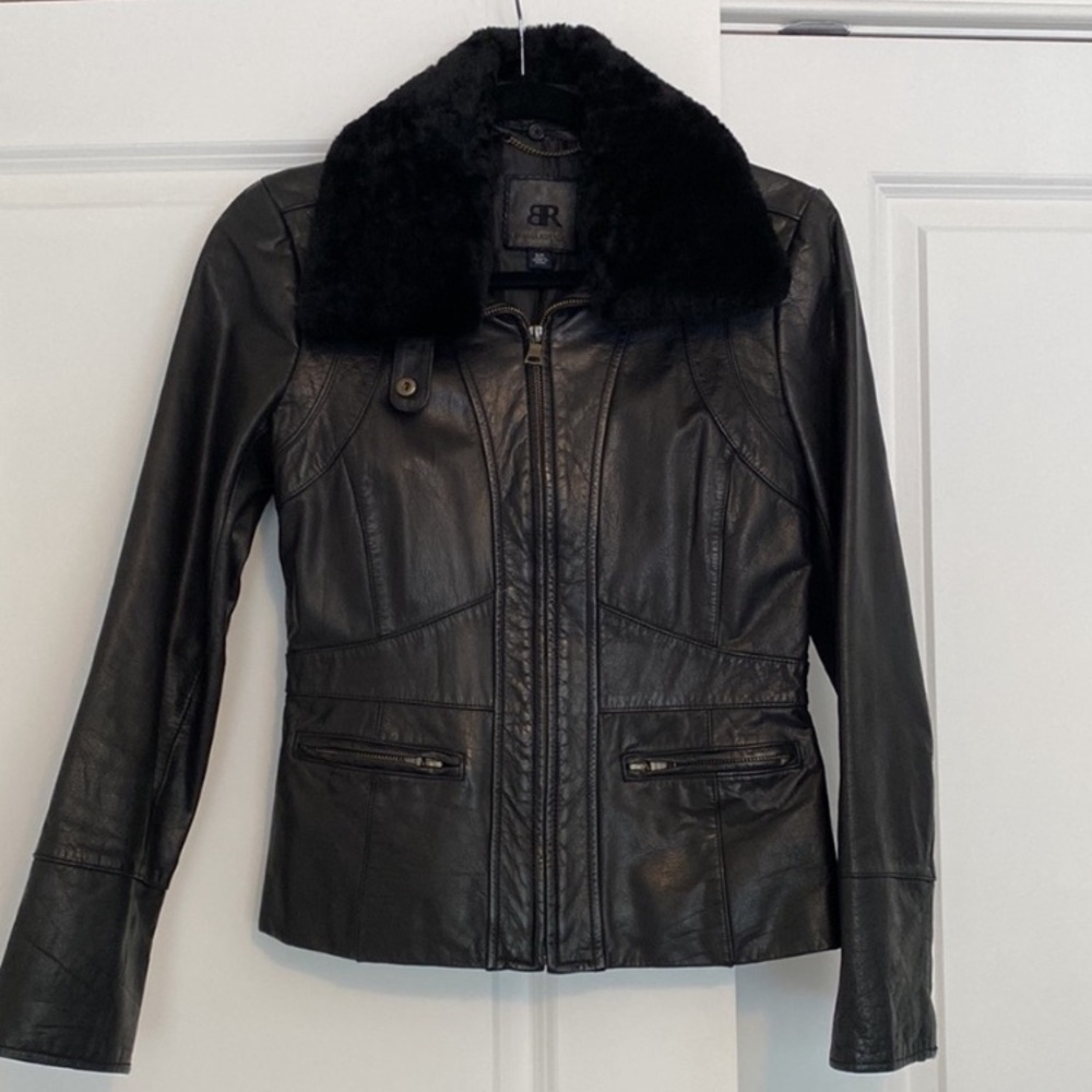 Banana Republic black leather jacket with detachable fur collar